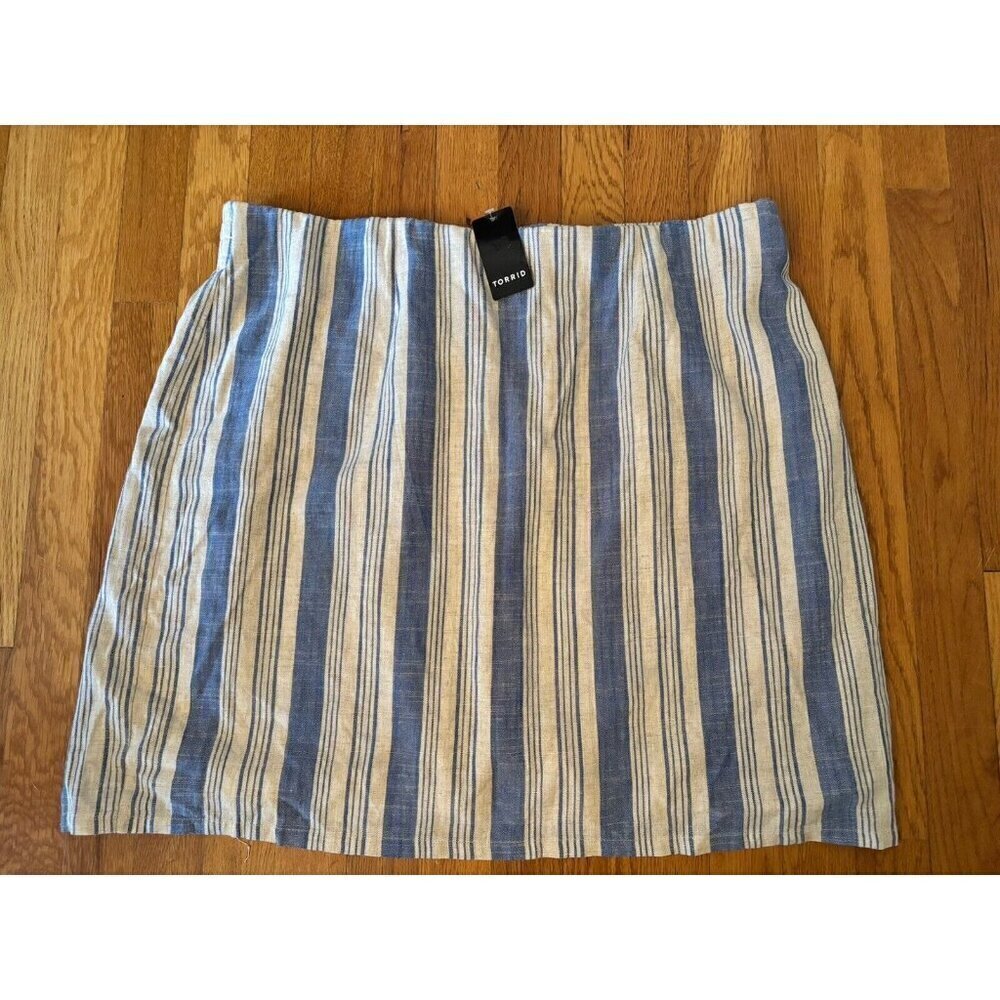 NWT Torrid Womens Size 2 Blue Striped Skirt Linen Blend Elastic Waist